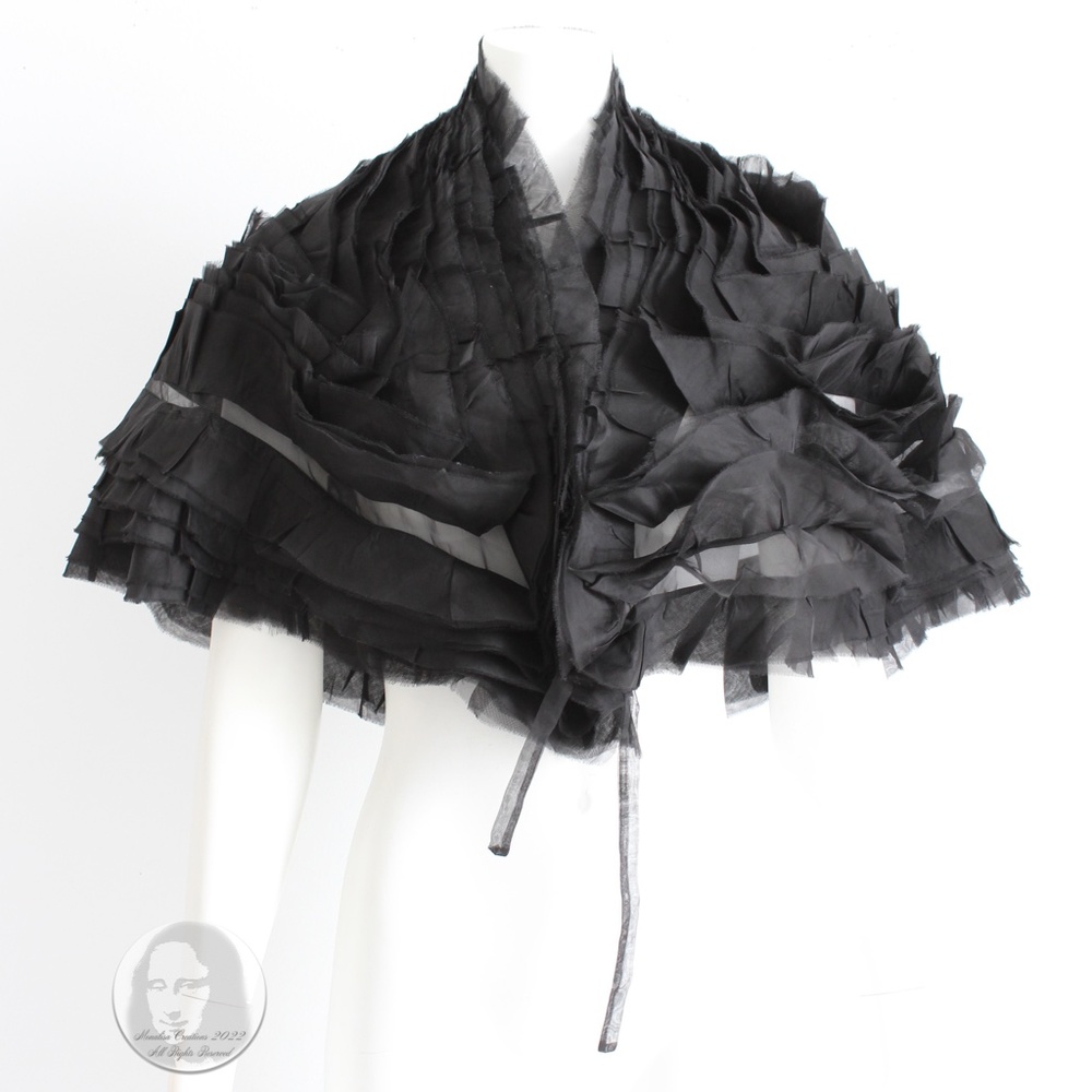 Black Shawl with Ruffles Silk Chiffon Evening Wrap One Size Fits Most 90s